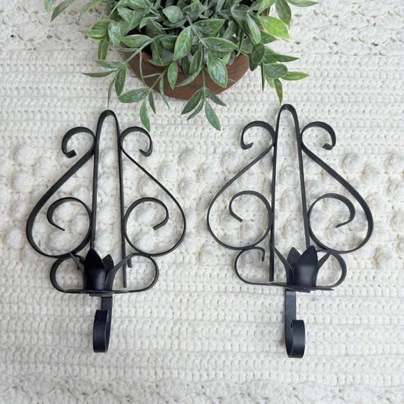 VINTAGE 2 Pc Set Gothic Wrought Iron Wall Sconces Candlestick Black Traditional - Picture 8 of 8